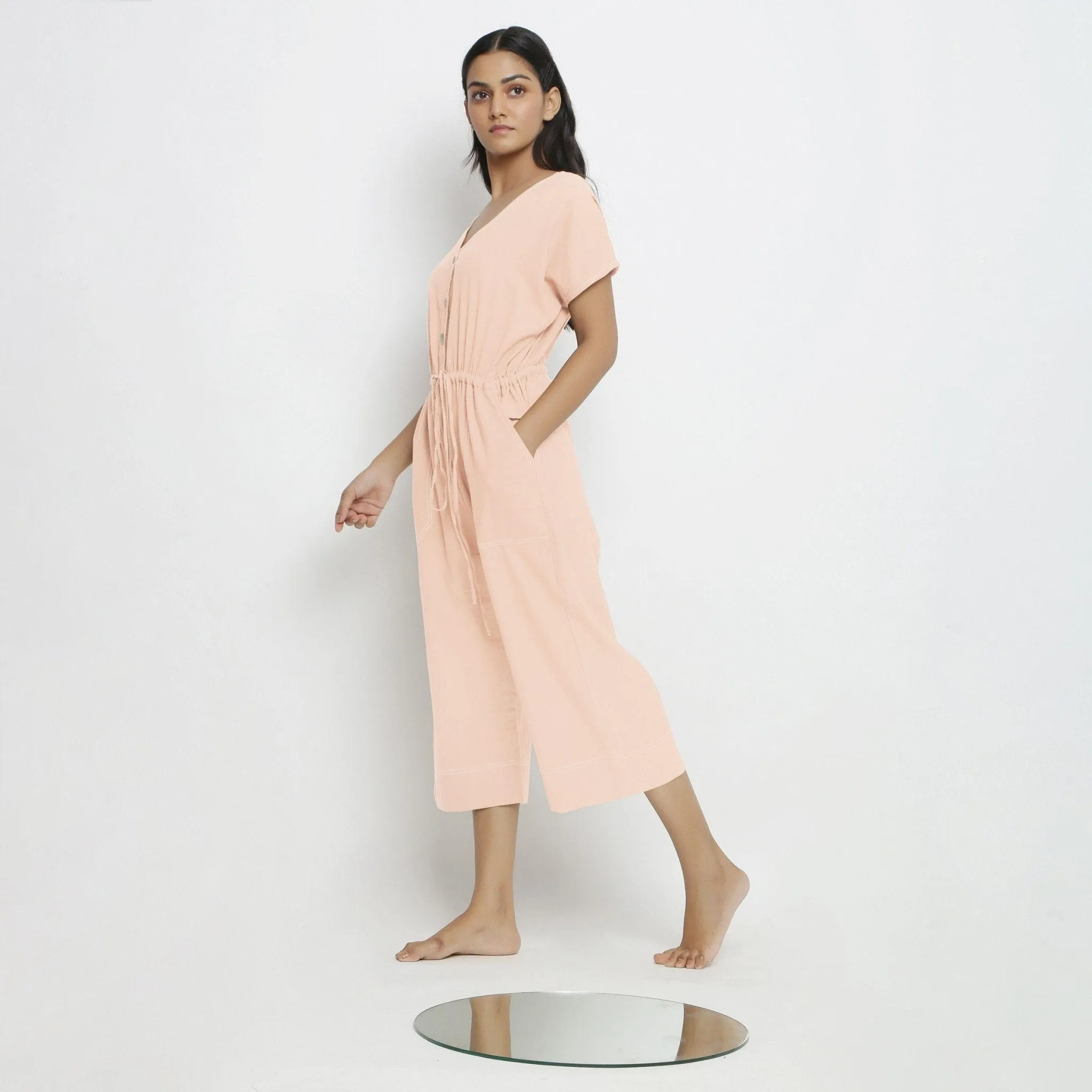 Powder Pink Vegetable Dyed Cotton Button-Down Jumpsuit