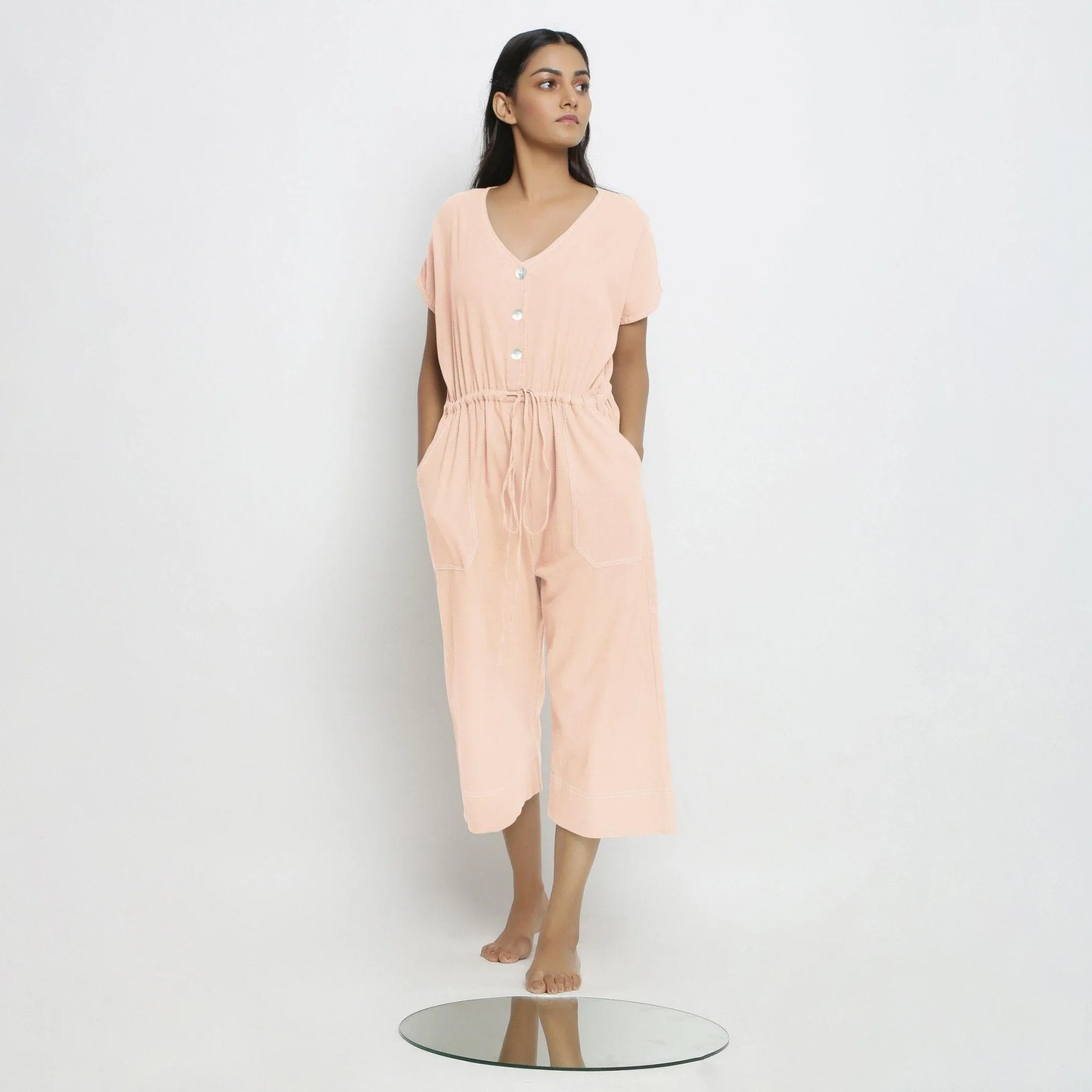 Powder Pink Vegetable Dyed Cotton Button-Down Jumpsuit