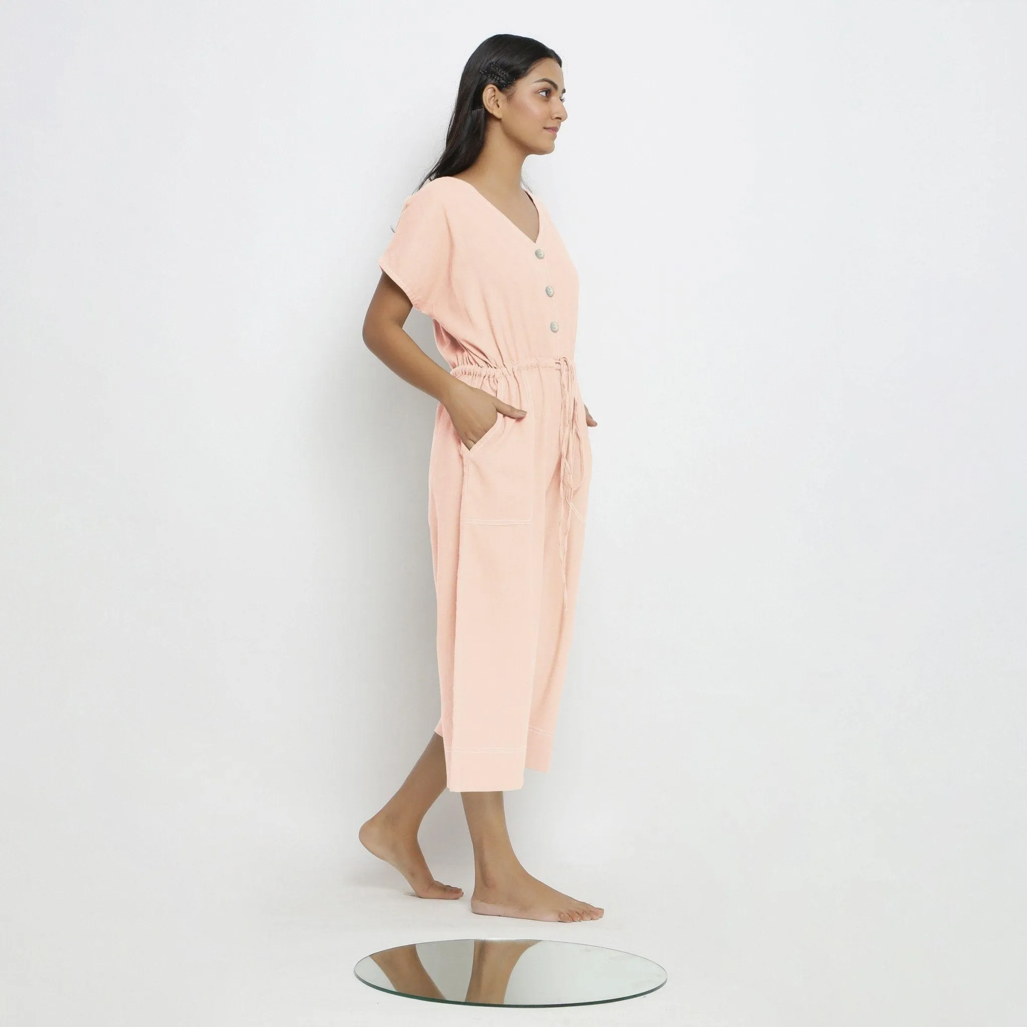 Powder Pink Vegetable Dyed Cotton Button-Down Jumpsuit