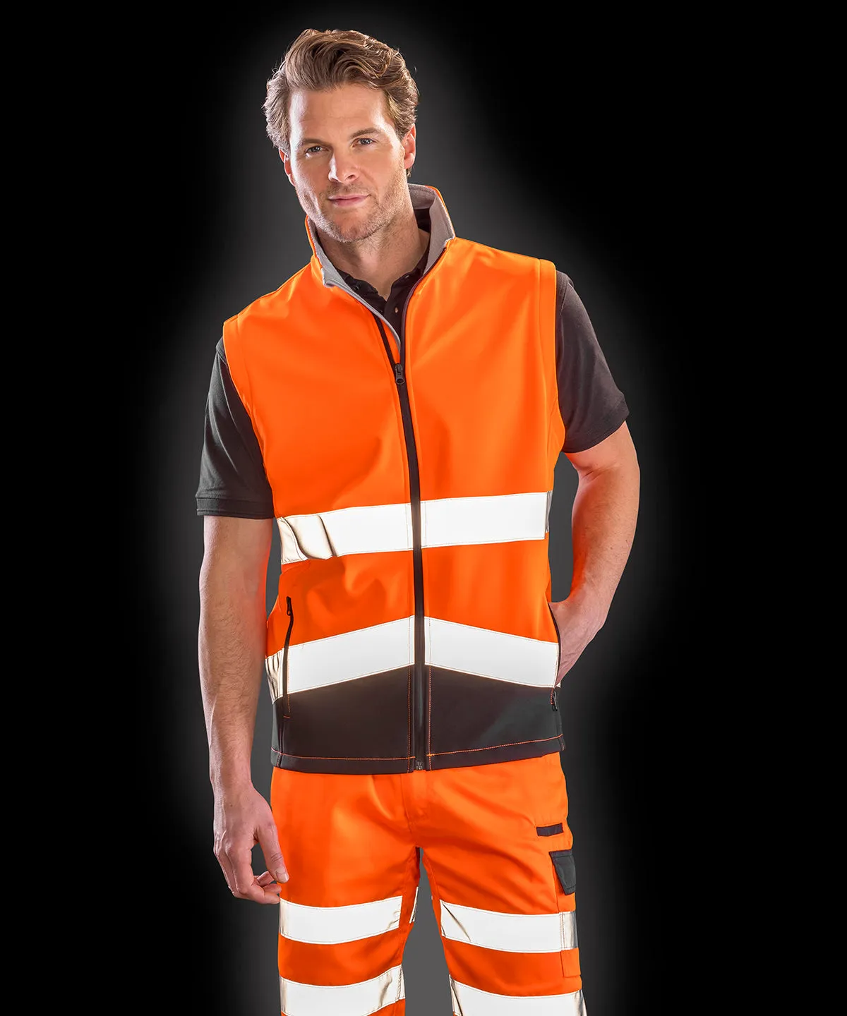 Printable safety softshell gilet | Fluorescent Orange/Black