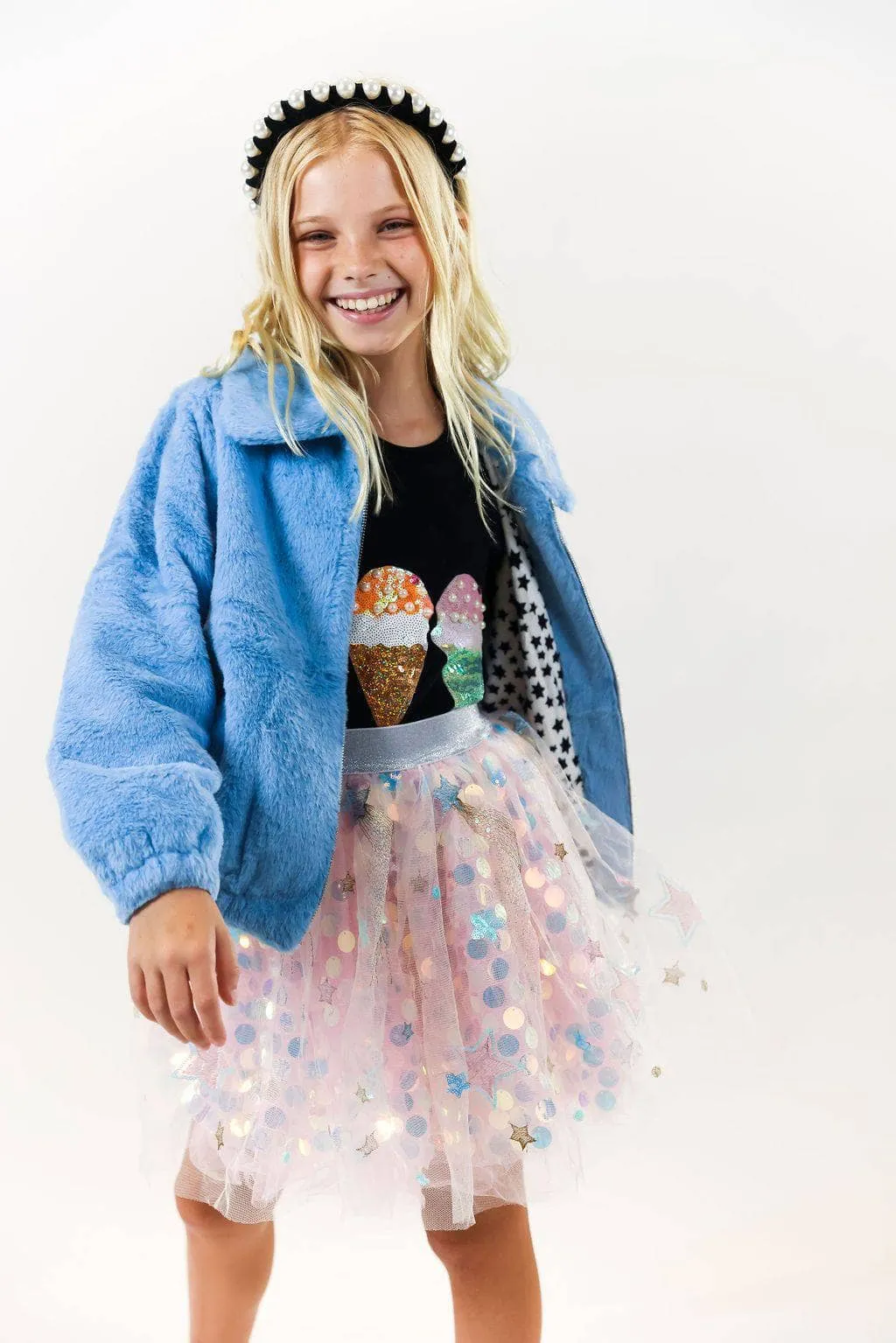 Rainbow Faux Fur Coat Baby Blue