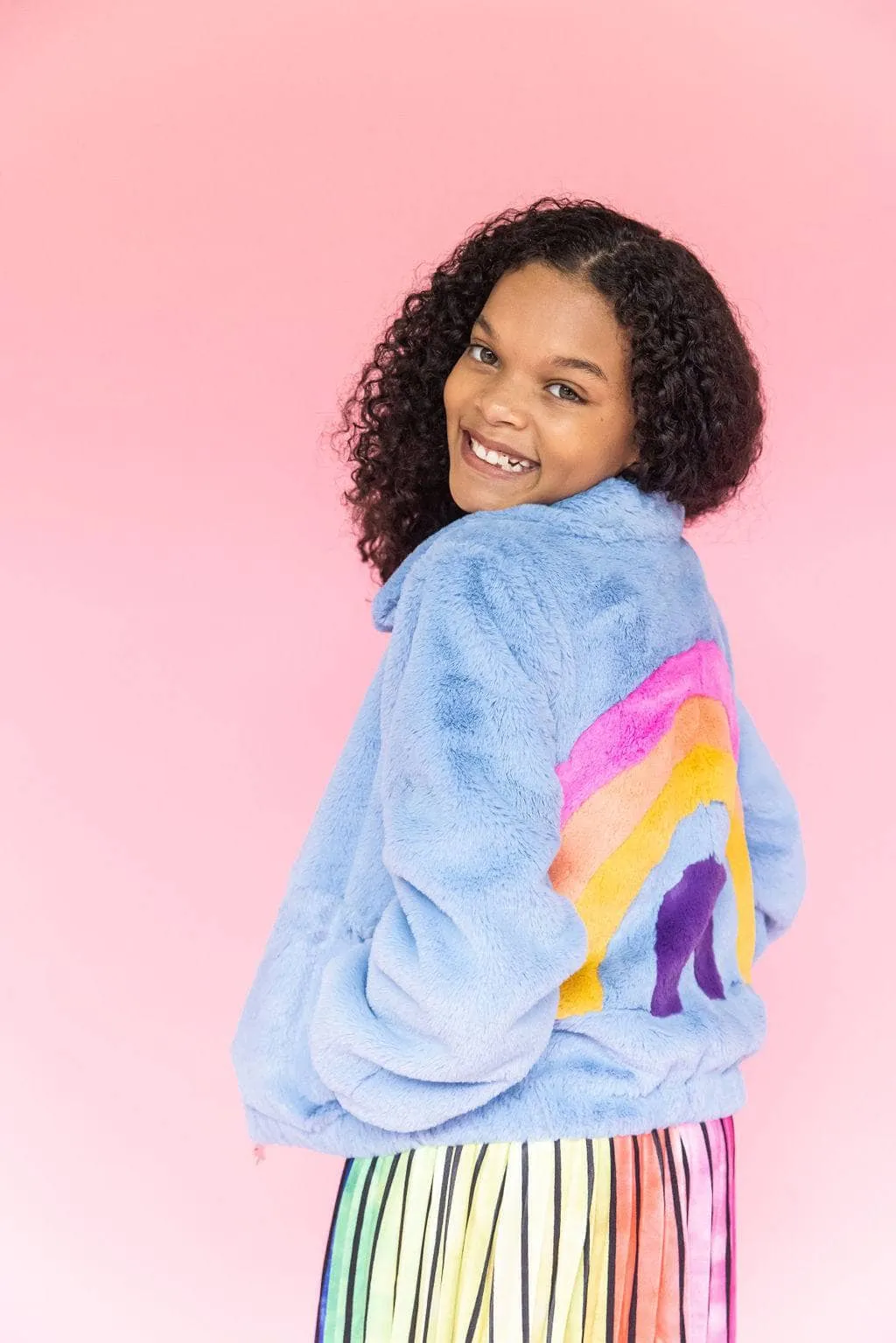 Rainbow Faux Fur Coat Baby Blue