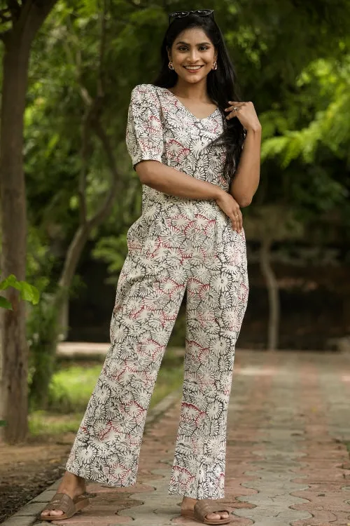 Red Black Poppy Hand Block Printed Jumpsuit