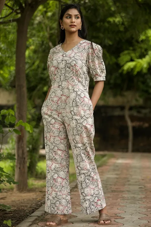 Red Black Poppy Hand Block Printed Jumpsuit