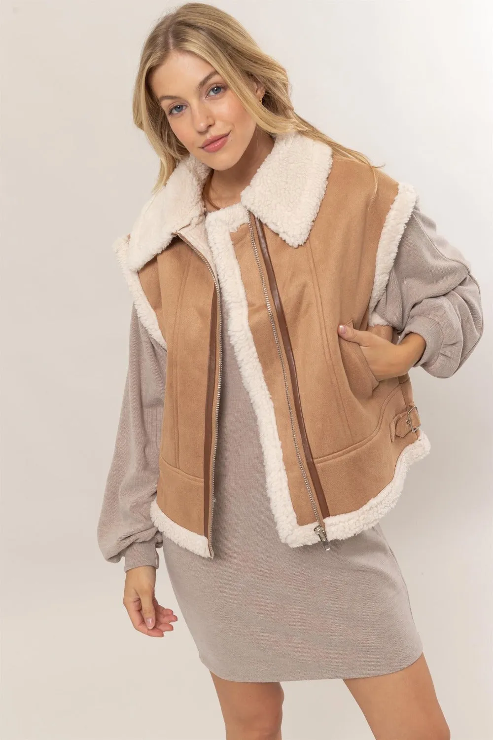 Sharlene Fur-Contrast Zip Up Suede Vest