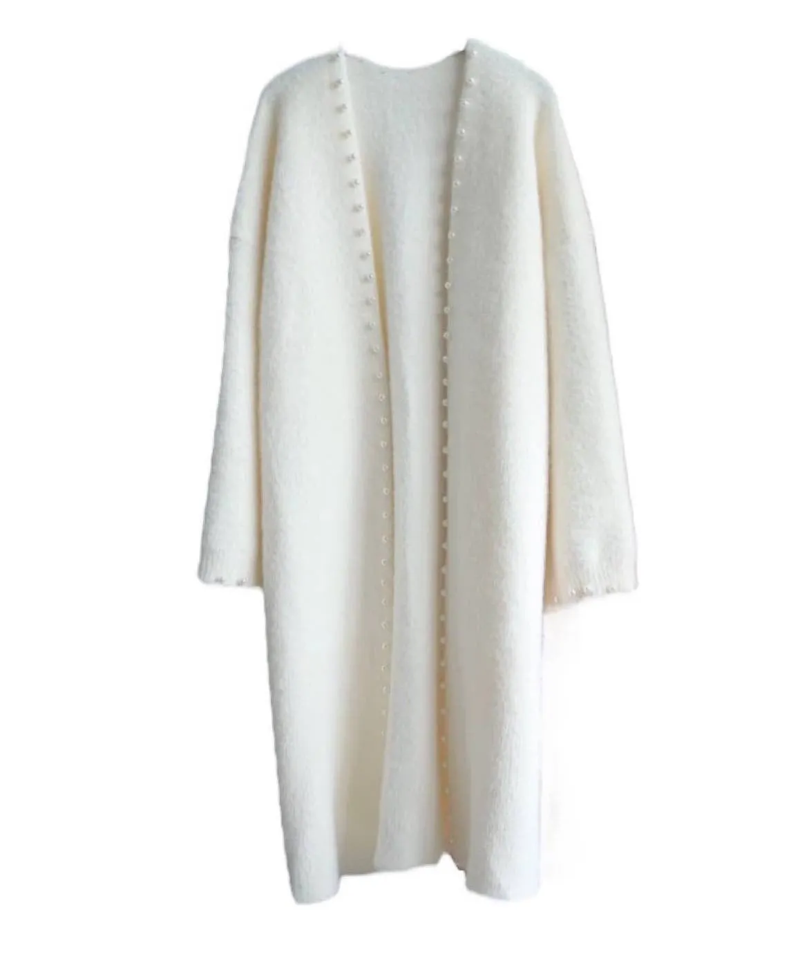 Thick Fuzzy Knitted Midi Cardigan With Pearls