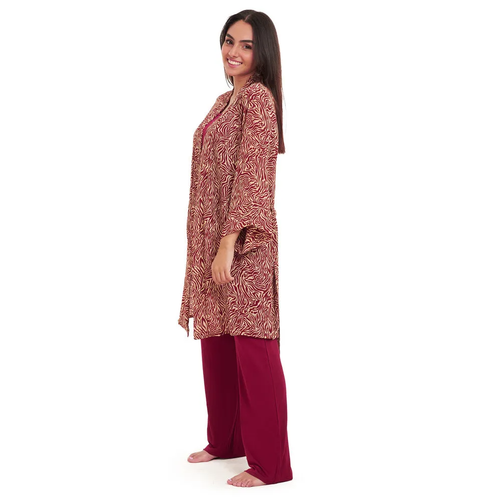 Women summer 3 piece pajama set  Dark red zebra pattern kimono   Red top & Pants