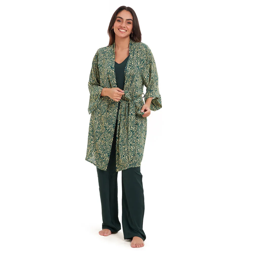 Women summer 3 piece pajama set Green zebra pattern kimono   Dark green top & Pants