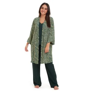 Women summer 3 piece pajama set Green zebra pattern kimono   Dark green top & Pants