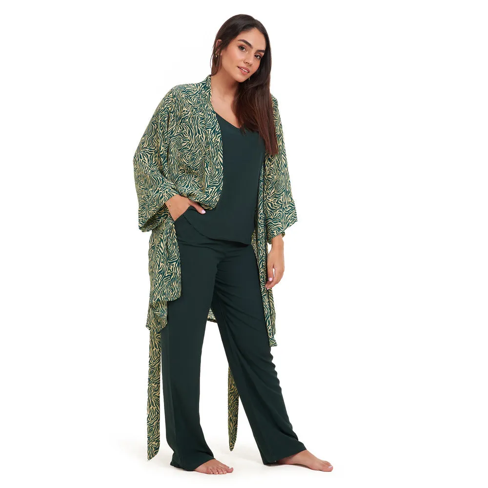 Women summer 3 piece pajama set Green zebra pattern kimono   Dark green top & Pants