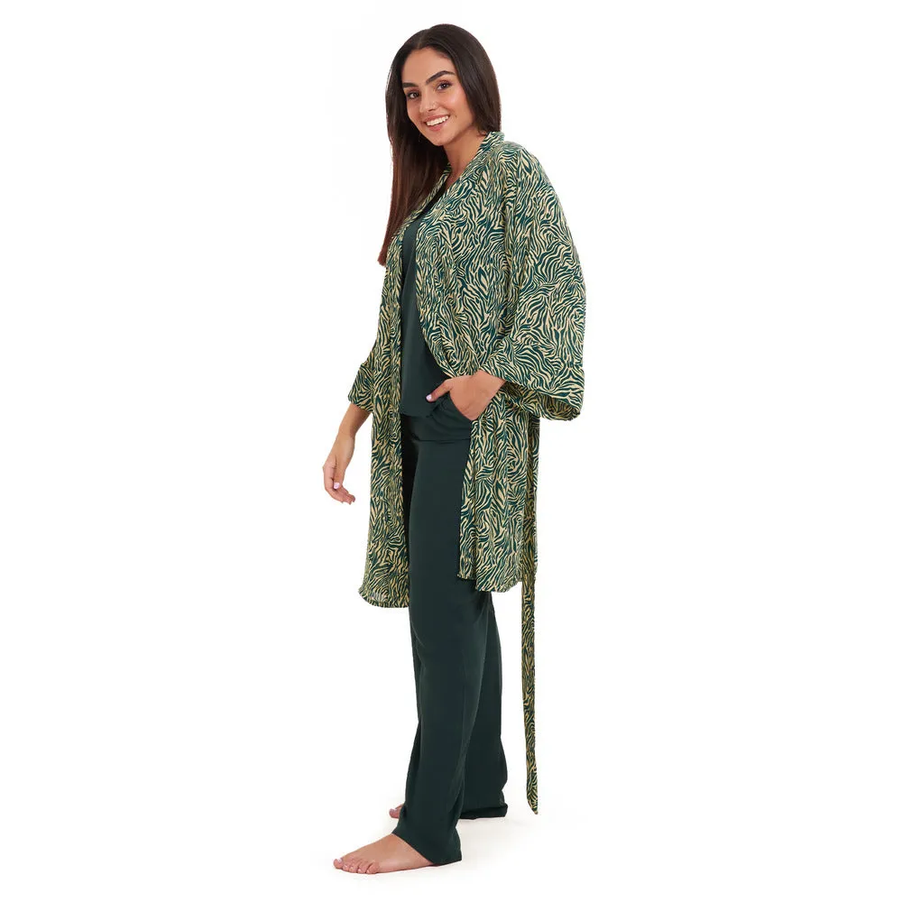 Women summer 3 piece pajama set Green zebra pattern kimono   Dark green top & Pants