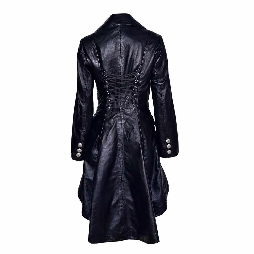 Women Victorian Double Breast Black Leather Coat