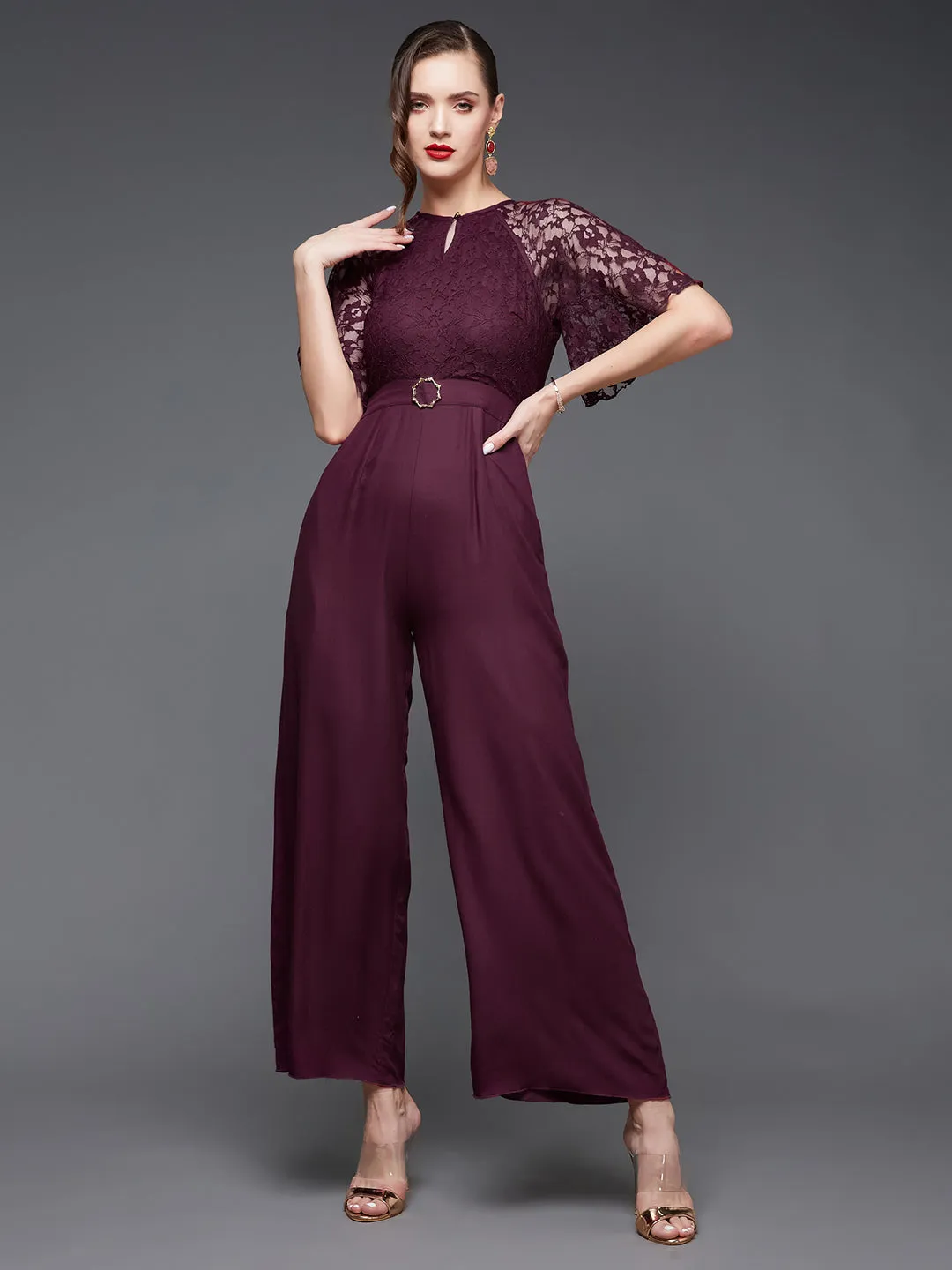 Women's Wine Round Neck Flared Sleeve Floral Raglan Regular Jumpsuit