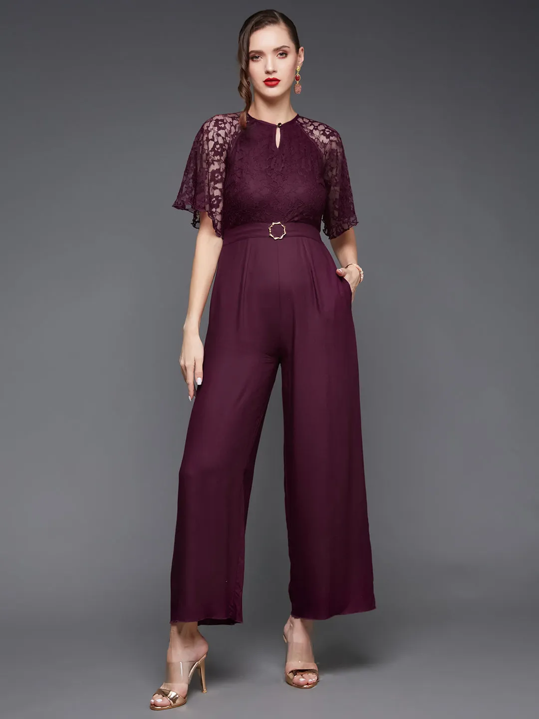 Women's Wine Round Neck Flared Sleeve Floral Raglan Regular Jumpsuit