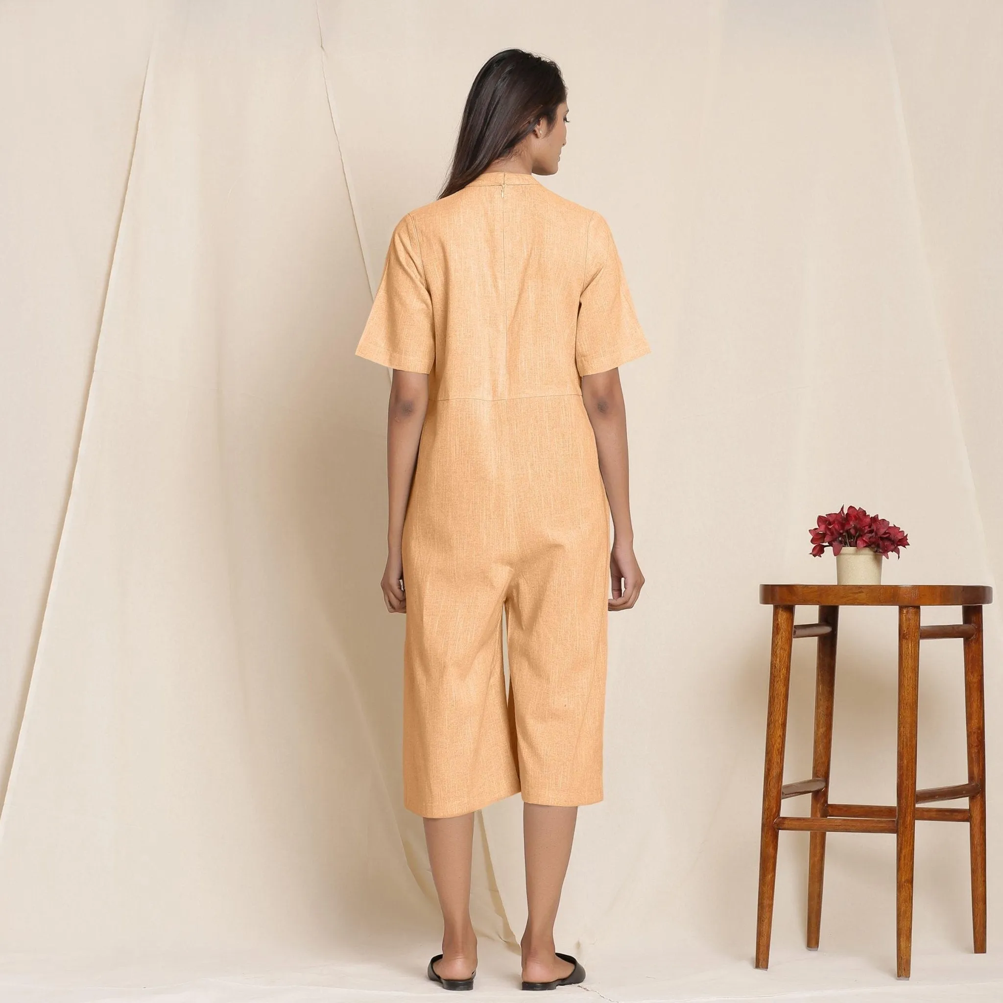 Yellow Cotton High Neck Pleated Midi Jumpsuit