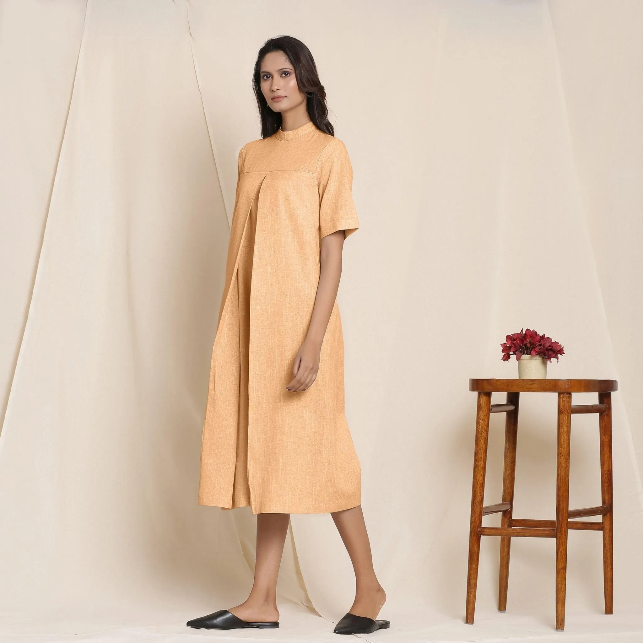 Yellow Cotton High Neck Pleated Midi Jumpsuit