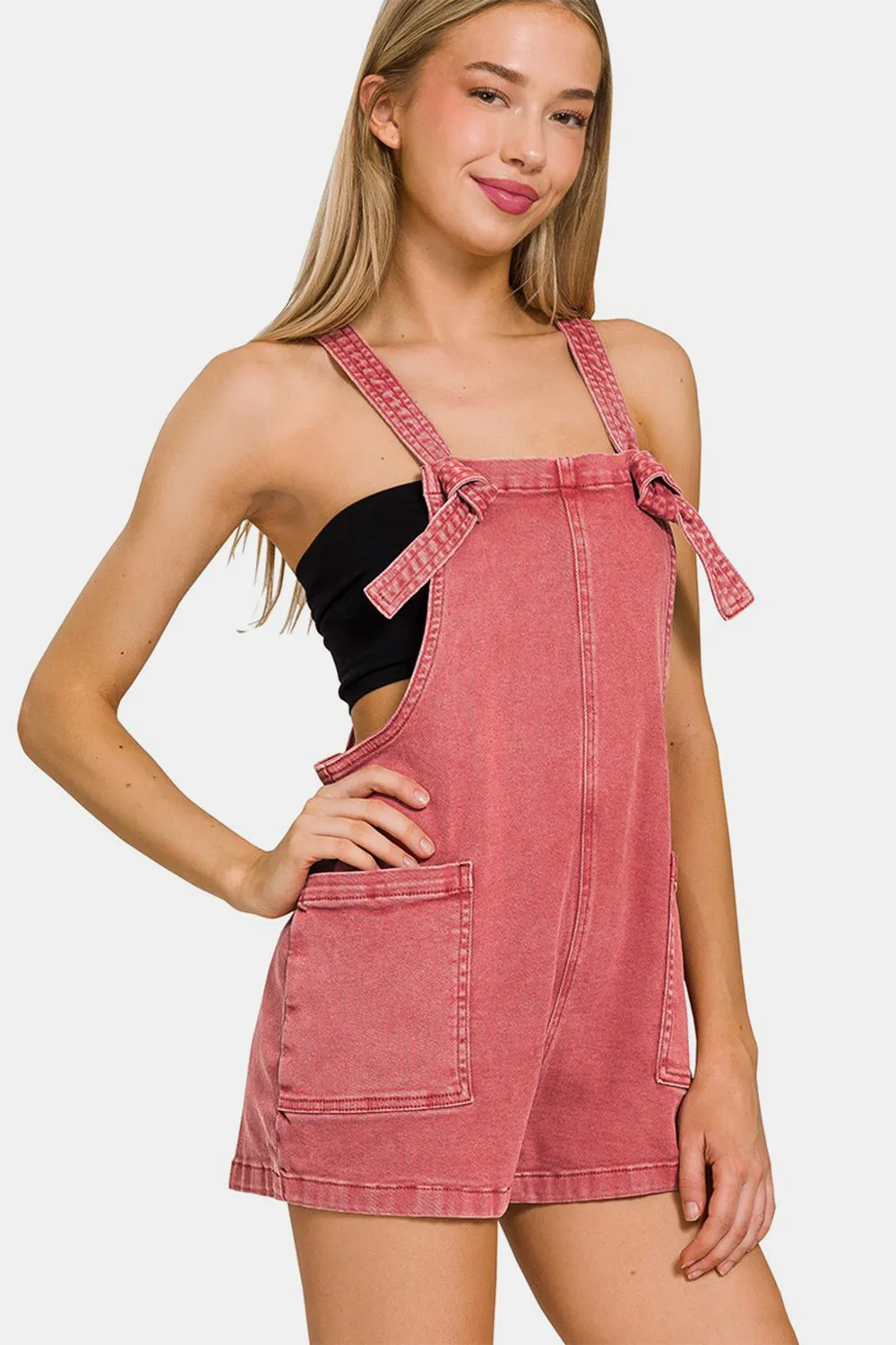 Zenana Washed Knot Strap Romper